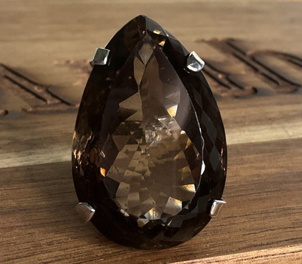 Vintage Sterling Silver Large Smoky Quartz Pear Cocktail Statement Ring 22g Sz 7